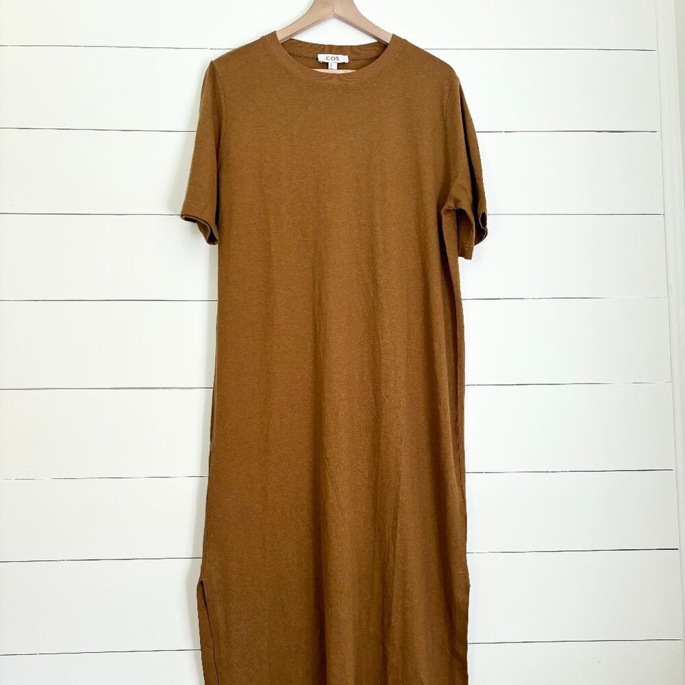 COS olive cotton/linen blend long t-shirt dress with slits on bottom